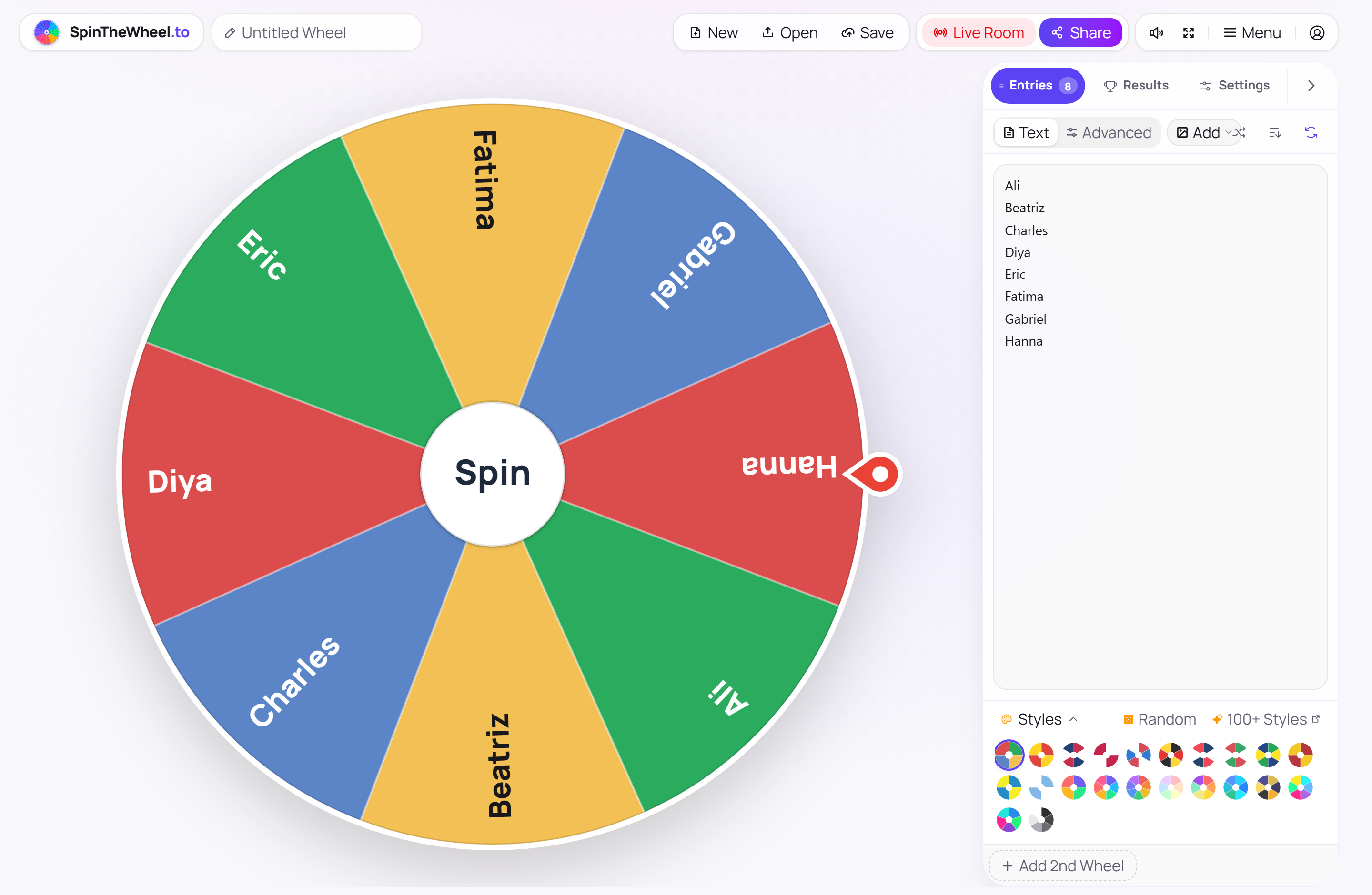 SpinTheWheel.to live studio workspace featuring random wheel and entries list in light mode